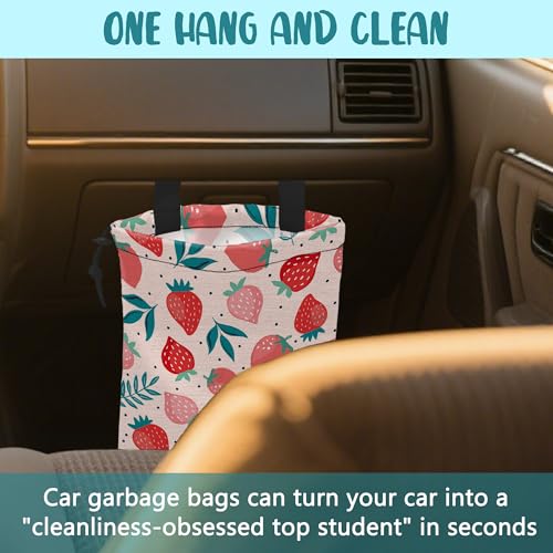 Car Garbage Bag Strawberry Berries and Leaves Hanging Canvas Car Trash Bag Waterproof Drawstring Car Back Seat Organizer for Car Back Front Seat Console with Adjustable Buckle - color: Strawberry Berries and Leaves