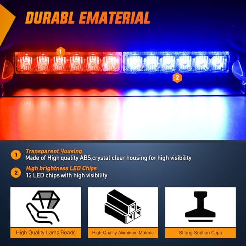 Nilight 12LED Traffic Advisor Strobe Light Bar Red Blue Emergency Warning Hazard Safety Dash Front/Rear Windshield Flashing Lights for Cars Trucks Police Firefighter Plow Construction Vehicles - color: Red Blue