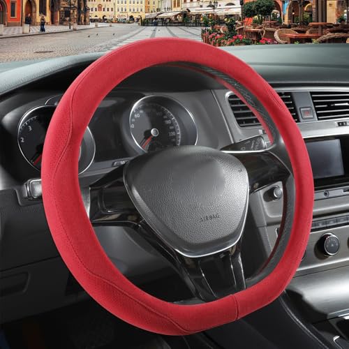 Red Suede D Shaped Steering Wheel Cover, Breathable Non-Slip Sweat-Proof Wear-Resistant No Pilling, Warm in Winter and Cool in Summer, Universal 15 inch - color: Red, size: D Shape-M[14.5''-15'']