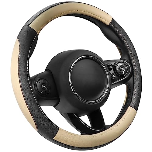 SEG Direct Car Steering Wheel Cover for Prius Civic Model 3 Model Y Camaro, Small Size 14-14.25 inch, Black and Beige Microfiber Leather - color: Black and Beige, size: Small size[14''-14 1/4'']