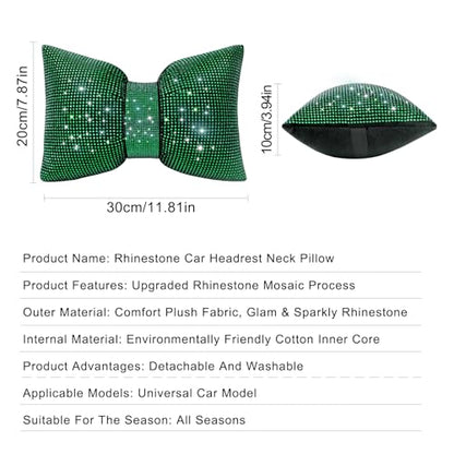 surpassme 2PCS Rhinestone Car Headrest Neck Pillow for Driving with Bling Bling Crystal Bow Pillow Car Accessories for Women (Green) - color: 2 Green Pillows