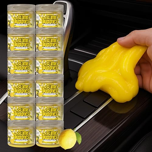 Slime Buddies Car Cleaning Gel Putty - 12 Pack Lemon Scented Interior Detailing Tool for Cup Holder, Air Vent & Keyboard - Reusable Auto Detailing Accessories - Dust Remover Goop - Gifts for Men Women - color: 12 Pack Lemon