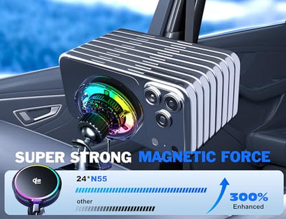 25W MagSafe Compatible Car Mount Charger with Air-Cooled, 3500gf Magnetic Phone Holder for iPhone and Android, Dash Air Vent with Rainbow Ambient Light Valentines Day Gifts