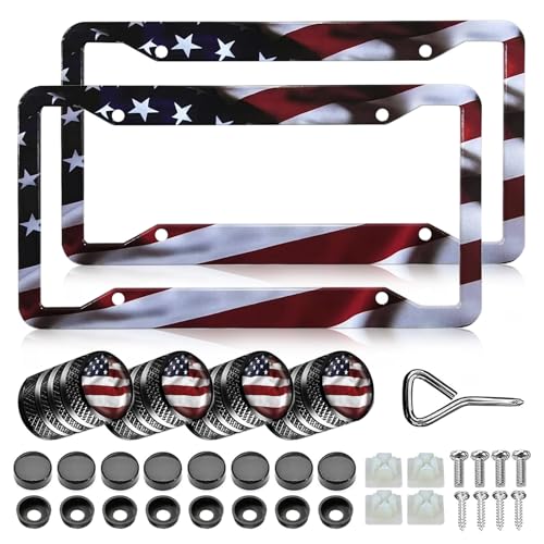 American Flag License Plate Frames - 2 Pack Front Rear Patriotic Matte Gloss Stars Stripe US Flag Stainless Steel Car Tag Frame Holder Covers with 4 Fluttering Flag Valve Stem Caps, Screws Fasteners - color: American Flag A