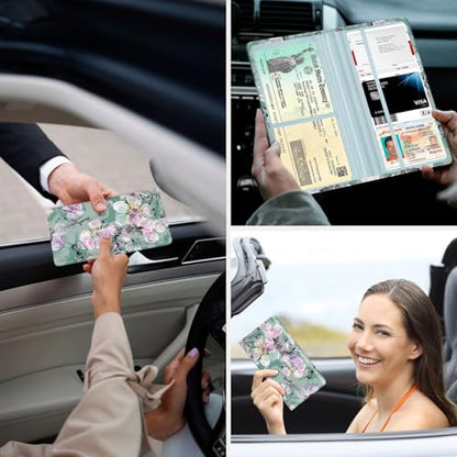 Car Registration and Insurance Holder，Colour Patterns Men Women Car License Document Registration and Insurance Card Holder - color: Green Flower
