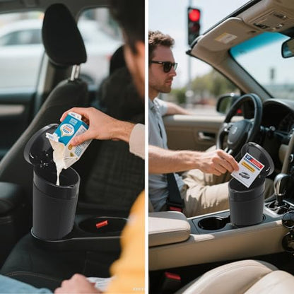 Car Trash Can Bin with Lid - 2 Pack, Leakproof Garbage Can for Vehicle, Mini Trash Bin with 180 Attached Trash Bags, Easy to Clean Cup Holder Trash Can for Car, Home, Office - color: Black 2