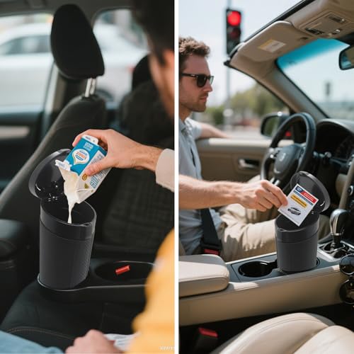 Car Trash Can Bin with Lid, Leakproof Garbage Can for Vehicle, Mini Trash Bin with 90 Attached Trash Bags, Easy to Clean Cup Holder Trash Can for Car, Home, Office - color: Black 1