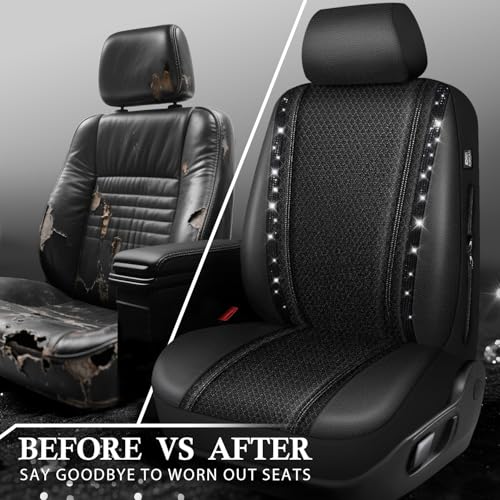 CAR PASS Memory Foam Mesh Bling Diamond Car Seat Cover 2 Front Seats Breathable Soft Sponge Universal Shining Glitter Sparkly Crystal Fit Armrest Automotive Truck SUV Cute Women Girl, Black Rhinestone - color: Black Mesh, size: Two Front Seats