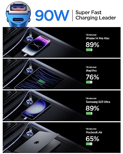 MRGLAS 90W USB C Car Charger Fast Charging, [Smallest Metal] Dual Port PD45W+QC3.0 Cigarette Lighter Adapter for iPhone 16 Pro Max 15 iPad Samsung S25 - Blue - color: Blue