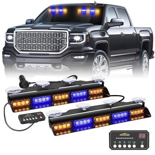 XRIDONSEN 2x 17 inch Amber Blue Emergency Dash Lights Interior Front/Rear Windshield Strobe Lights 40 LED Safety Flashing Warning Hazard Lights w/Suction Cups for Plow Trucks Construction Vehicles - color: Amber/Blue