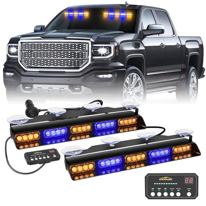 XRIDONSEN 2x 17 inch Amber Blue Emergency Dash Lights Interior Front/Rear Windshield Strobe Lights 40 LED Safety Flashing Warning Hazard Lights w/Suction Cups for Plow Trucks Construction Vehicles - color: Amber/Blue