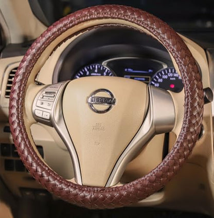 Carwales Elegant Men Steering Wheel Cover Leather for Car Hand-Made Wheel Wrap Hand Woven Universal 14.5-15 Inch Brown - color: Brown