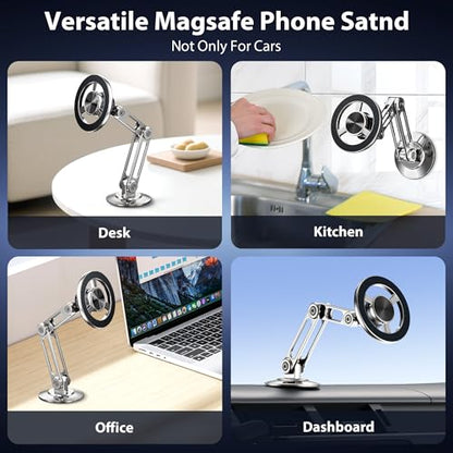 Ultra Magnetic Long-Arm Phone Holder Stand, Fits for MagSafe Car Mount Bracket【Windshield+Vent+Dash】, 360° Rotation Adjustable Strong Magnet Car Mount Desk Office Phone Cradle Holder, Silver - color: Silver
