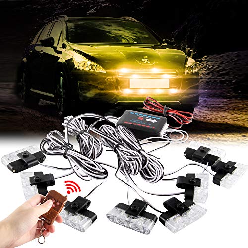 Amber 16LED Grille Strobe Lights Dash Deck Visor Police Flash Lights Car Truck Ambulance Emergency Warning Strobe Lights With Remote Control Wireless 12V - color: amber, size: 8 in 1