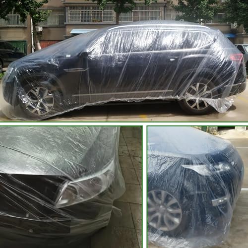 3 Packs Disposable Car Cover Clear Plastic Car Cover Universal Rain Dust Garage Cover with Elastic Band Medium (12.4 FT x 21.6 FT