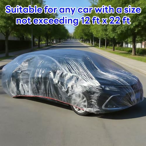 2 Pack Disposable Car Cover Clear Plastic Car Cover Universal Rain Dust Garage Cover with Elastic Band Medium (12.4 FT x 21.6 FT)