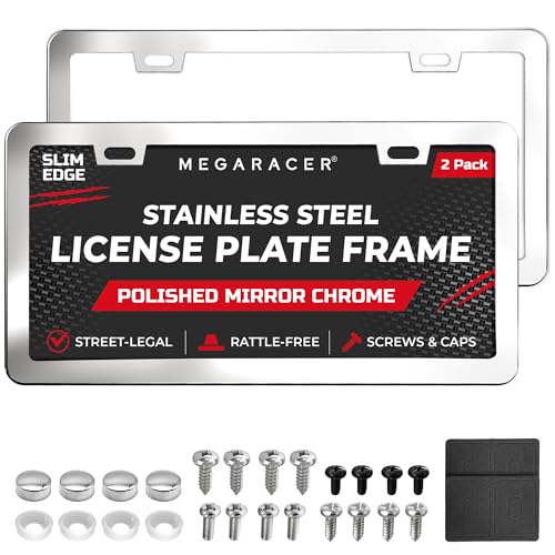 Polished Mirror Chrome Silver Thin License Plate Frames – 2 Pack, Car Wash Proof Stainless Steel, Rust-Free, Rattle-Free, Street Legal, Slim 2 Hole with Screw Caps, Metal Front & Rear Car Tag Holders - color: Mirror Chrome, size: 2 Piece