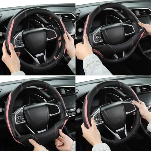 Car Steering Wheel Cover, Leather Steering Wheel Cover Pink Universal 14.5-15 Inch Microfiber Leather Anti-Slip Breathable Auto Steering Wheel Covers for Men Women (Black&Pink) - color: Pink