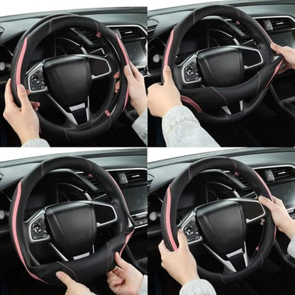 Car Steering Wheel Cover, Leather Steering Wheel Cover Pink Universal 14.5-15 Inch Microfiber Leather Anti-Slip Breathable Auto Steering Wheel Covers for Men Women (Black&Pink) - color: Pink