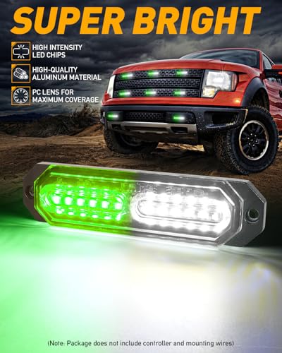 HLauto 1200T Emergency Strobe Grille Lights: 8pcs 12 LED Sync Feature Safety Warning Flashing Lights, Ultra Slim Surface Mount Hazard Caution Lights for Trucks, Vehicles, Car, ATV, UTV (Green White) - color: Green/White