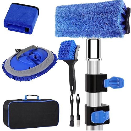 5-12ft Car Wash Kit,8 Piece,Thickened Aluminum Telescopic Rod,Cleaning Brush,Tire Brush,180 ° Chenille Mop,Fiber Towel,Storage Bag,2-Piece Detail Brush,Car,RV,Truck Clean Kit