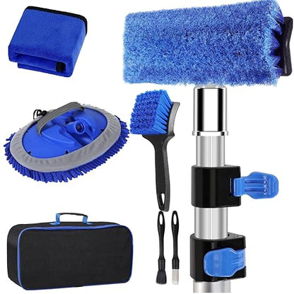 5-12ft Car Wash Kit,8 Piece,Thickened Aluminum Telescopic Rod,Cleaning Brush,Tire Brush,180 ° Chenille Mop,Fiber Towel,Storage Bag,2-Piece Detail Brush,Car,RV,Truck Clean Kit