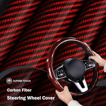 Car Steering Wheel Cover Carbon Fiber Snap On Steering Wheel Accessories Wrap 14.5-15 inch Universal Grip Anti-Skid Protector, Glossy Red - color: Glossy Red