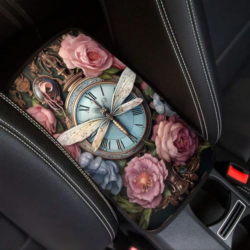 Modysero Cool Print Dustyproof Univerasl Fit and Soft Car Armrest Pad Vintage Colock Floral Dragonfly Armrest Cover Interior Decoration for Cars Truck SUV Sedan - color: vintage colock floral dragonfly