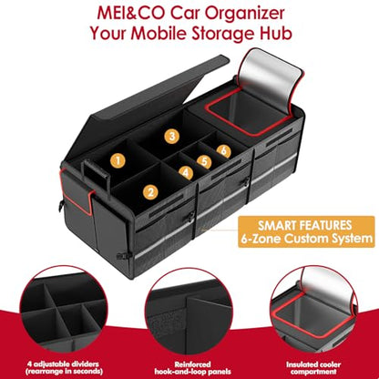 MEI&CO Car Trunk Organizer - 2.5mm PP Board Built, 35L Leakproof Cooler, 105L Capacity, 2 Tie-Down Straps, 4 Adjustable Dividers, Foldable Design for SUVs, Trucks, and Cars - color: RED