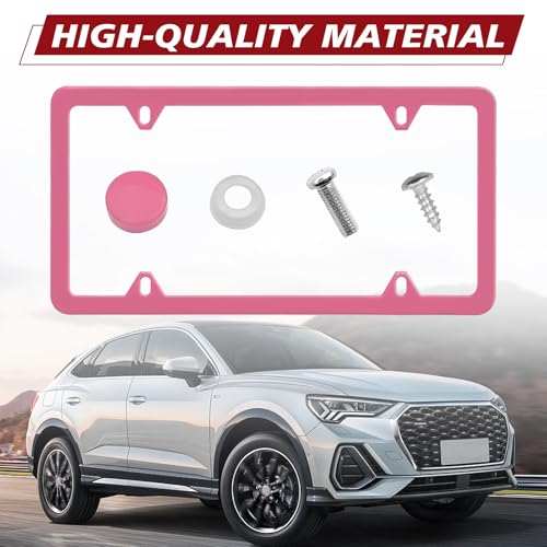 Automotive Universal 2 Pack License Plate Frames Stainless Steel License Plate Holder Covers with Screws Caps Washers Universal 4 Hole Compatible with Car Truck Exterior Accessories, Pink - color: Pink