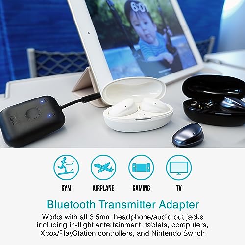 MEE Audio Connect Air in-Flight Bluetooth Wireless Audio Transmitter Adapter for up to 2 AirPods/Other Headphones; Works with All 3.5mm Aux Jacks on Airplanes, Gym Equipment, TVs, & Gaming Consoles - color: Black, style: Connect Air