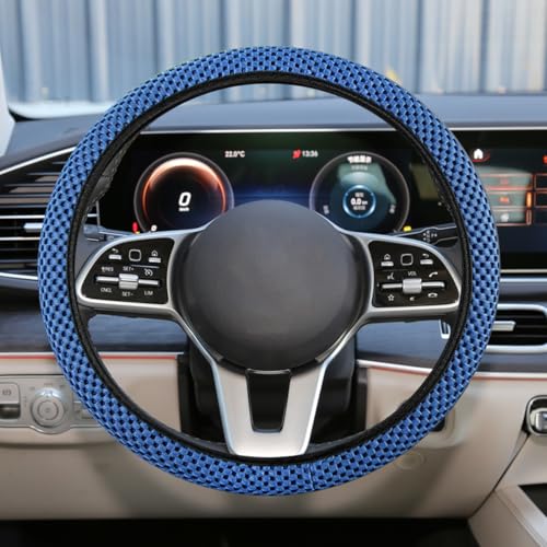 Elastic Stretch Steering Wheel Cover, Anti-Slip 15 inch Microfiber Odorless Breathable Ice Silk Car Steering Wheel Protector, Easy Carry, Warm in Winter & Cool in Summer (Blue) - color: Blue
