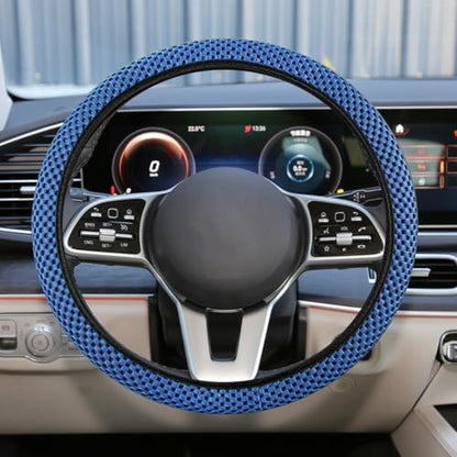 Elastic Stretch Steering Wheel Cover, Anti-Slip 15 inch Microfiber Odorless Breathable Ice Silk Car Steering Wheel Protector, Easy Carry, Warm in Winter & Cool in Summer (Blue) - color: Blue