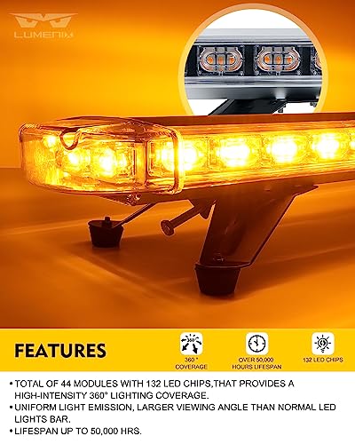 LUMENIX 48 Inch Amber LED Rooftop Emergency Strobe Lights Bar w/Adjustable Mounting Brackets, Warning Caution Security Lightbar for Construction Vehicles Law Enforcement Snowplow Tow Trucks - color: Amber