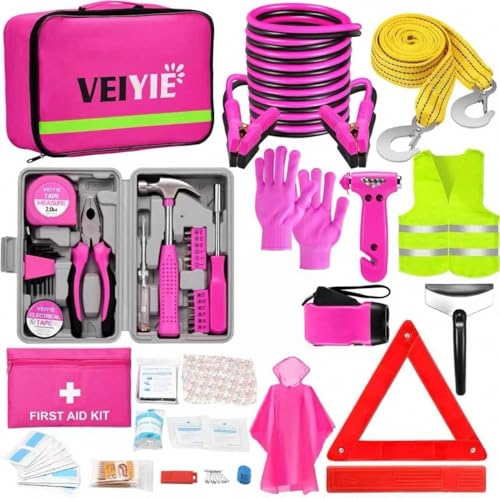 Roadside Emergency Car Kit for Vehicles, Pink Car First Aid Kit Emergency Kit with Jumper Cables, Car Safety Kits, Tow Strap, Tool Kit, Road Trip Assistance for Men, Women, New Driver Gifts - color: Pink, size: Essential Kit + Repair Tool Set