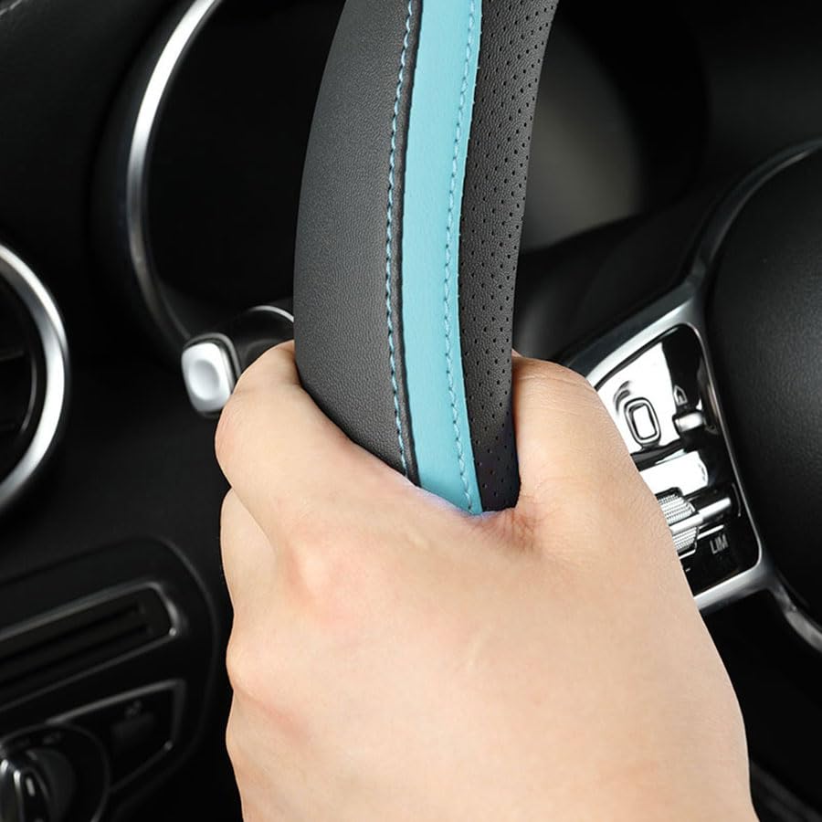 Car Steering Wheel Cover, Leather Steering Wheel Cover Blue Universal 14.5-15 Inch Microfiber Leather Anti-Slip Breathable Auto Steering Wheel Covers for Men Women (Black&Blue) - color: Light Blue