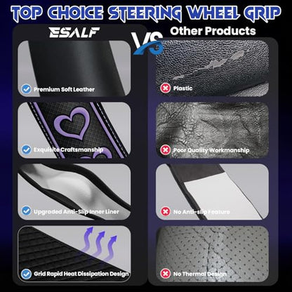Ventilated Heart-Shaped Steering Wheel Cover with Anti-Slip Leather Grip. Compatible with Ford, Toyota, Honda, Nissan, and Chevrolet Vehicles for 14.5-15.2 inch Round Steering Wheels. - color: love Pink