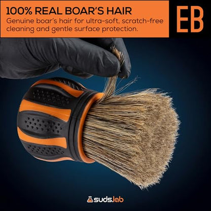 Suds Lab Elite-Bristle Boar’s Hair Car Detailing Brush – Deep Cleaning Car Detail Brush with Stand – Metal-Free, High Absorbency Detailing Tool for Scratch-Free Interior & Exterior - size: Boar Hair