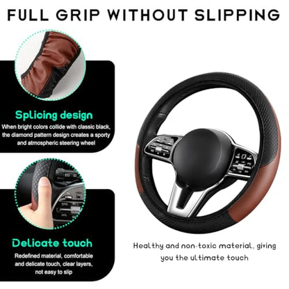 Car Steering Wheel Cover, 15 inch Carbon Fiber Microfiber Leather Elastic Steering Wheel Protector, Breathable Anti-Slip Comfortable Steering Wheel Covers for Most Cars (Black&Khaki, AD) - color: Black&Khaki, AD