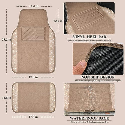 CAR PASS Bling Car Mats Shining Diamond Carpet Crystal Rhinestones Sparkly Glitter Floor Mats with Anti-Slip PVC Heel Pad Universal Fit for Automotive SUV, Sedan, Car, Van, 4pcs for Girl Women, Beige - color: Beige