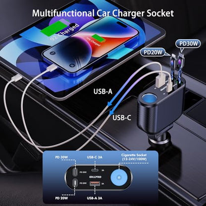 OHLPRO Retractable Car Charger Cigarette Lighter Adapter, 168W 5 in 1 Fast Phone Charging Built-in Replaceable Fuse, Socket Splitter with USB C and USB i Cord, Fit for Phone iPad Galaxy GPS, Black - size: USB-C+USB-i