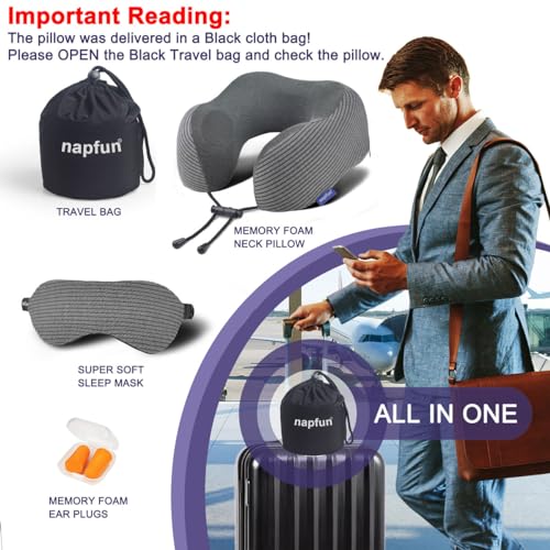 napfun Neck Pillow for Travel with Travel Pouch, Sleep Mask & Earplugs, Memory Foam Airplane Pillow for Headrest Sleep with Eyeshades, Plane Essentials with Eye Blindfold, Dark Gray Striped Kit - color: Dark Gray Striped Kit