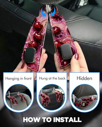 WOCOCN 2 Pack Car Purse Hook for Car Seat Headrest, Double-Sided PrintingPU Leather Purse Holder with Metal Hook, Cute Car Accessories for Women, Men (Car hook - Cherry A) - color: Car hook - Cherry A