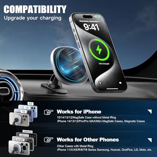 Likzest 15W MagSafe Car Mount Charger, Magnetic Wireless Car Charger Phone Holder for iPhone 17 Pro Max/17/16/15/14/13/12, Fast Charging Air Vent & Dashboard Mount, for Galaxy S25, Pixel with MagSafe