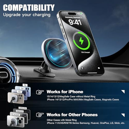 Likzest 15W MagSafe Car Mount Charger, Magnetic Wireless Car Charger Phone Holder for iPhone 17 Pro Max/17/16/15/14/13/12, Fast Charging Air Vent & Dashboard Mount, for Galaxy S25, Pixel with MagSafe