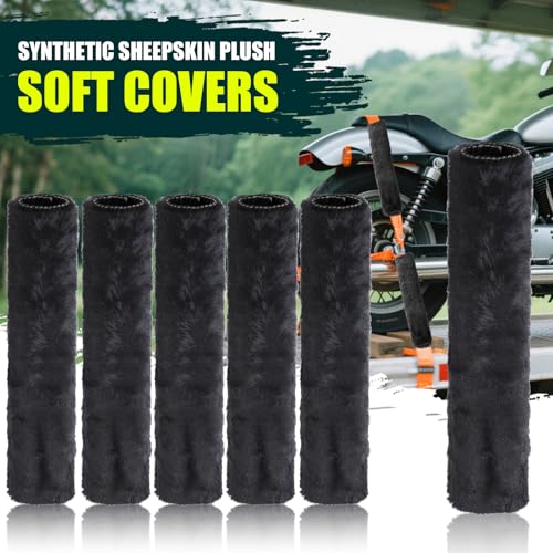 6 PCS Motorcycle Tie Down Straps Soft Loop Covers, Artificial Wool Plush Soft Covers, Easy to Install, Protect Paint and Chrome Surfaces from Scratche During Motorcycle Transport -Black