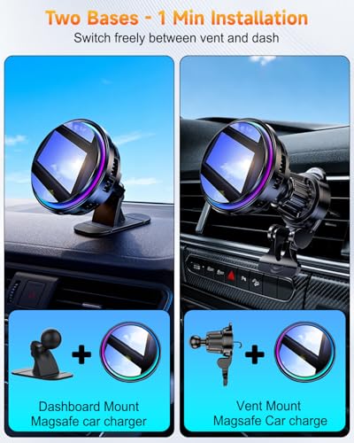 2026 Upgraded TEC & Fan Cooling Magnetic Wireless Car Charger, For 15W Magsafe Car Mount Charger, Air Vent Dashboard Fast Charging Car Phone Holder for iPhone 17/16/15/14/13/12, Samsung ＆ Pixel