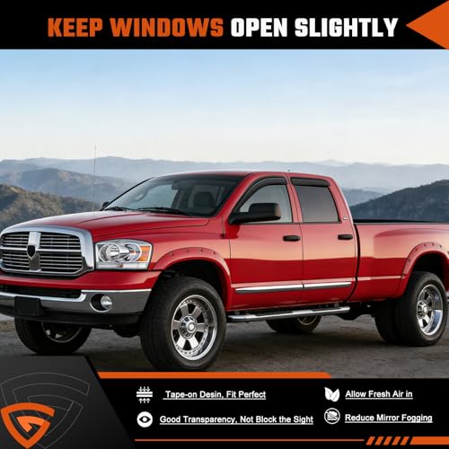 Rain Guards Fit for 2002-2008 Dodge Ram 1500 Quad Cab/Extended Cab/ 03-09 Dodge Ram 2500 3500, Tape-On Extra Durable Side Window Sun Rain Guard Visor Deflectors Black 4 PCS - size: Fit for Dodge Ram 1500 Quad Cab 2002-2008