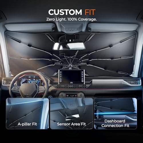 [2026 Upgraded] DooGooCoo Windshield Sun Shade Umbrella for Tesla Model 3 & Model Y [100% Sunlight Blocked, Cooling Ice Crystal] Sunshade for Car Windshield for Model 3 & Model Y Sunshade 2017-2026. - size: For Tesla Model Y & Model 3 2017-2026