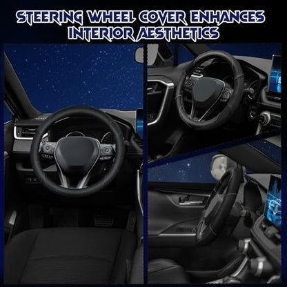Soft Leather Steering Wheel Cover with Breathable Design and Anti-Slip Grip, Fully Compatible with Tesla, Toyota, Honda, Nissan 14.5-15.2 inch Round Steering Wheel（Sedans and SUVs） - color: DOUBLE-BLACK